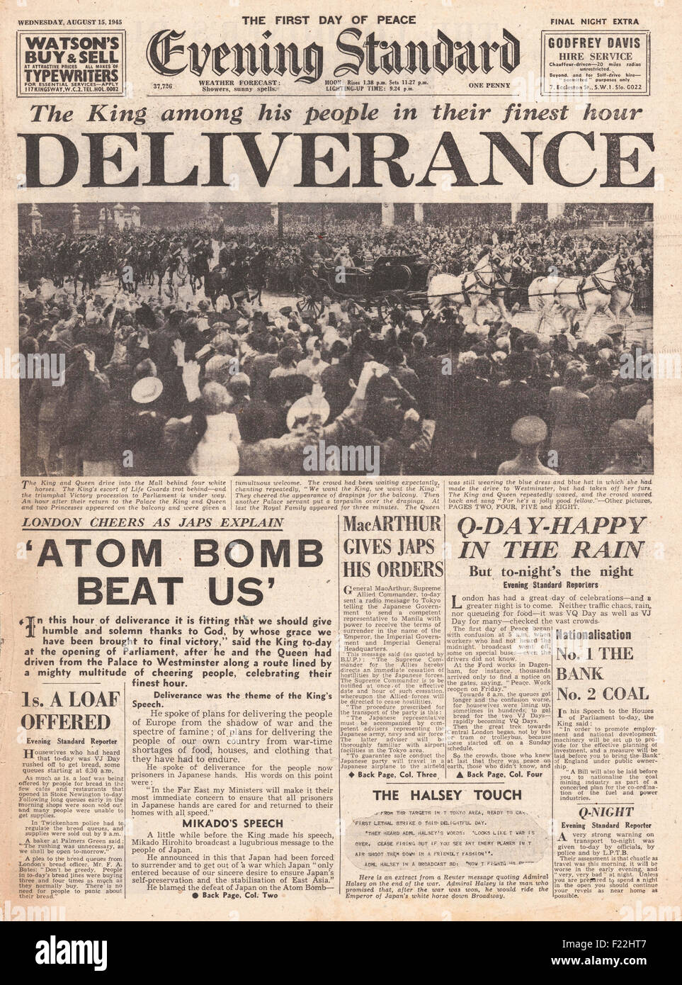 1945 Evening Standard (Londres) la page déclaration avant la fin de la Deuxième Guerre mondiale et VJ Day Banque D'Images