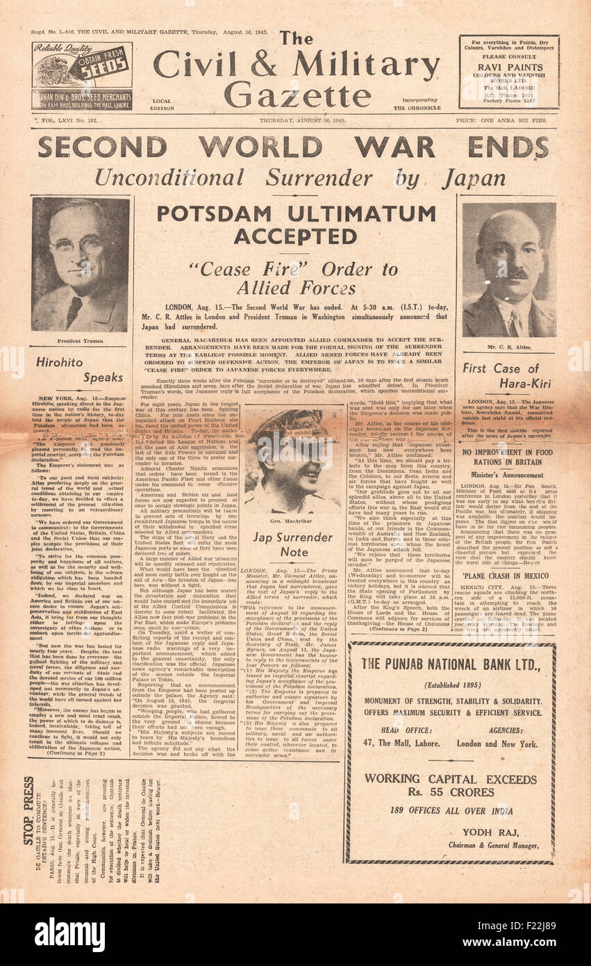 1945 Civil & Military Gazette du Canada rapports page avant la fin de la Deuxième Guerre mondiale et VJ Day Banque D'Images