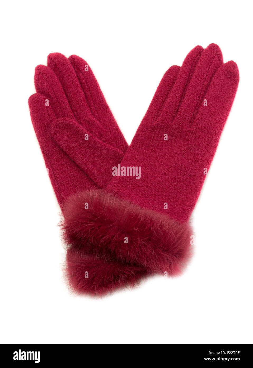 Crimson ladies' chaud avec des gants de fourrure. Isoler sur blanc. Banque D'Images