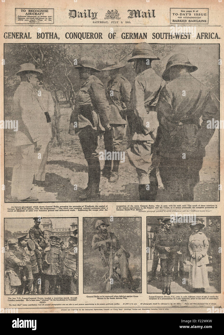 1915 Daily Mail le général Louis Botha accepte la reddition allemande À Windhoek Banque D'Images