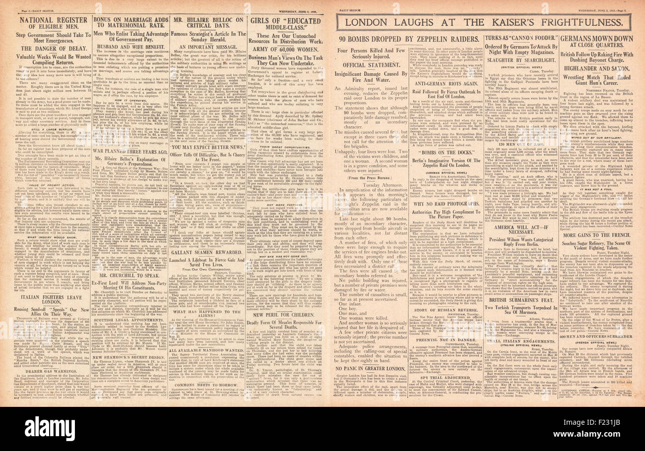 1915 Daily Sketch London défi au-dessus de Zeppelin raids Banque D'Images