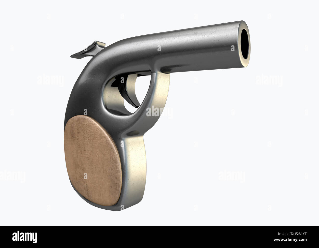 Un concept d'un seul pistolet de tir stylisé en métal avec une poignée en bois sur un fond de studio isolé Banque D'Images