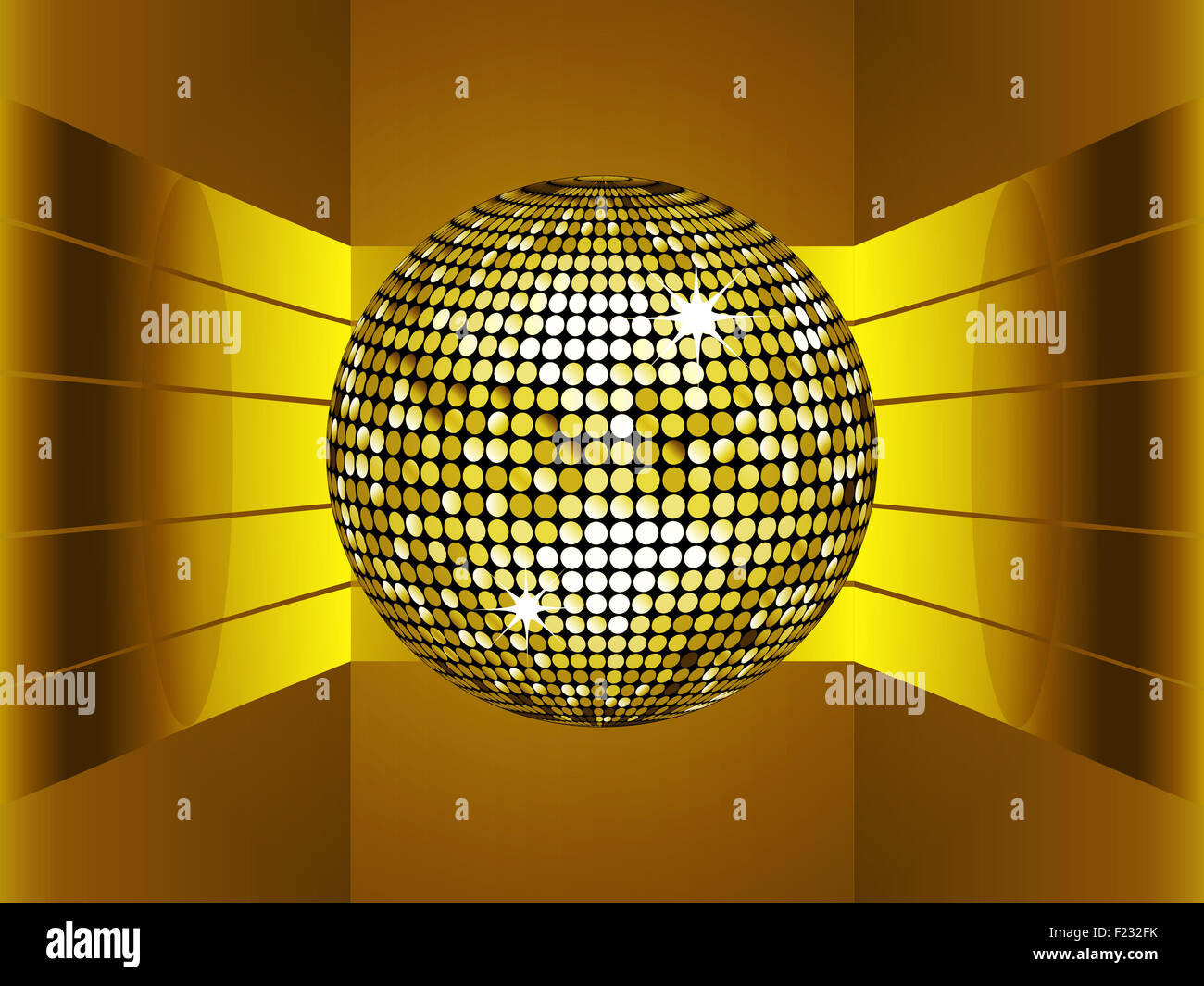Boule disco d'or sur l'environnement 3D métallique doré avec bandes d'Or Banque D'Images