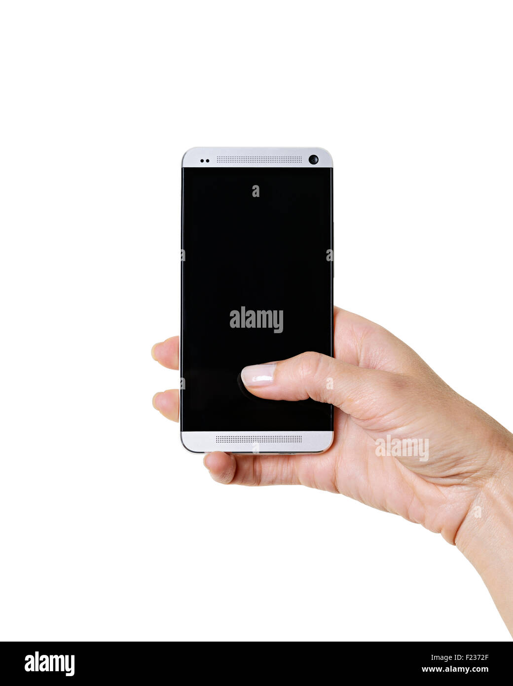 Smartphone avec écran vide à la main, découpé. Banque D'Images