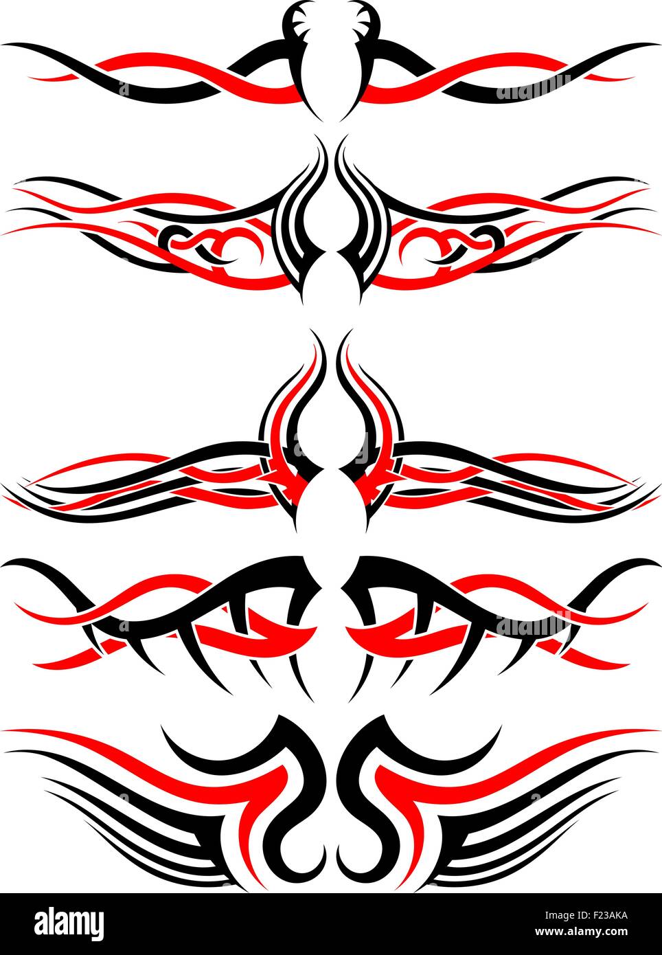 Ensemble de tatouages autochtones tribales en noir et rouge. Conception souple élégante sur fond blanc. Vector Illustration. Illustration de Vecteur