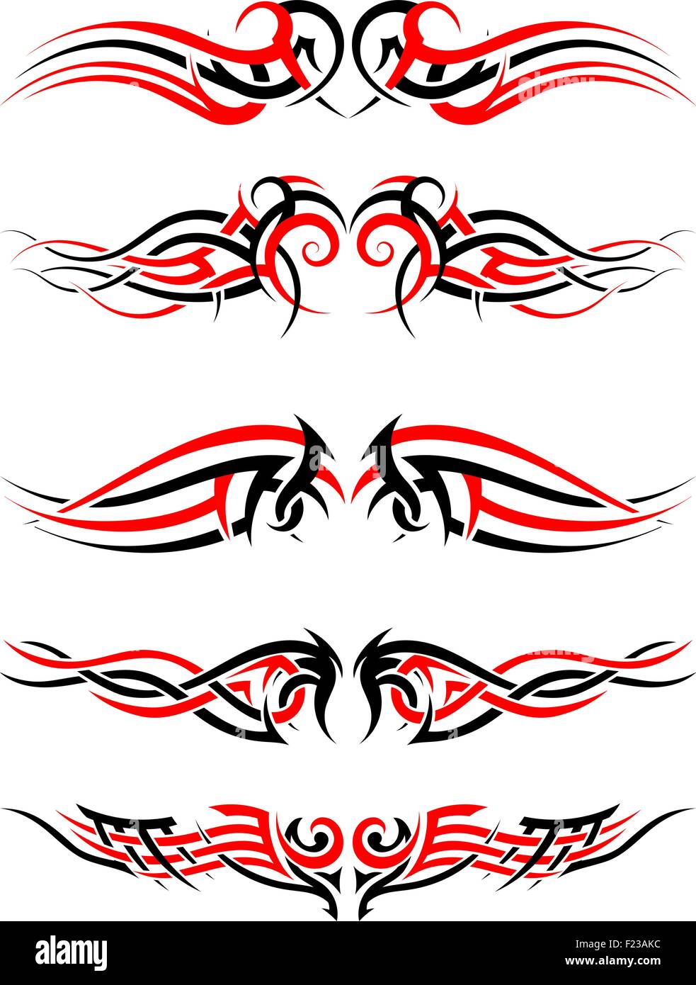 Ensemble de tatouages autochtones tribales en noir et rouge. Conception souple élégante sur fond blanc. Vector Illustration. Illustration de Vecteur