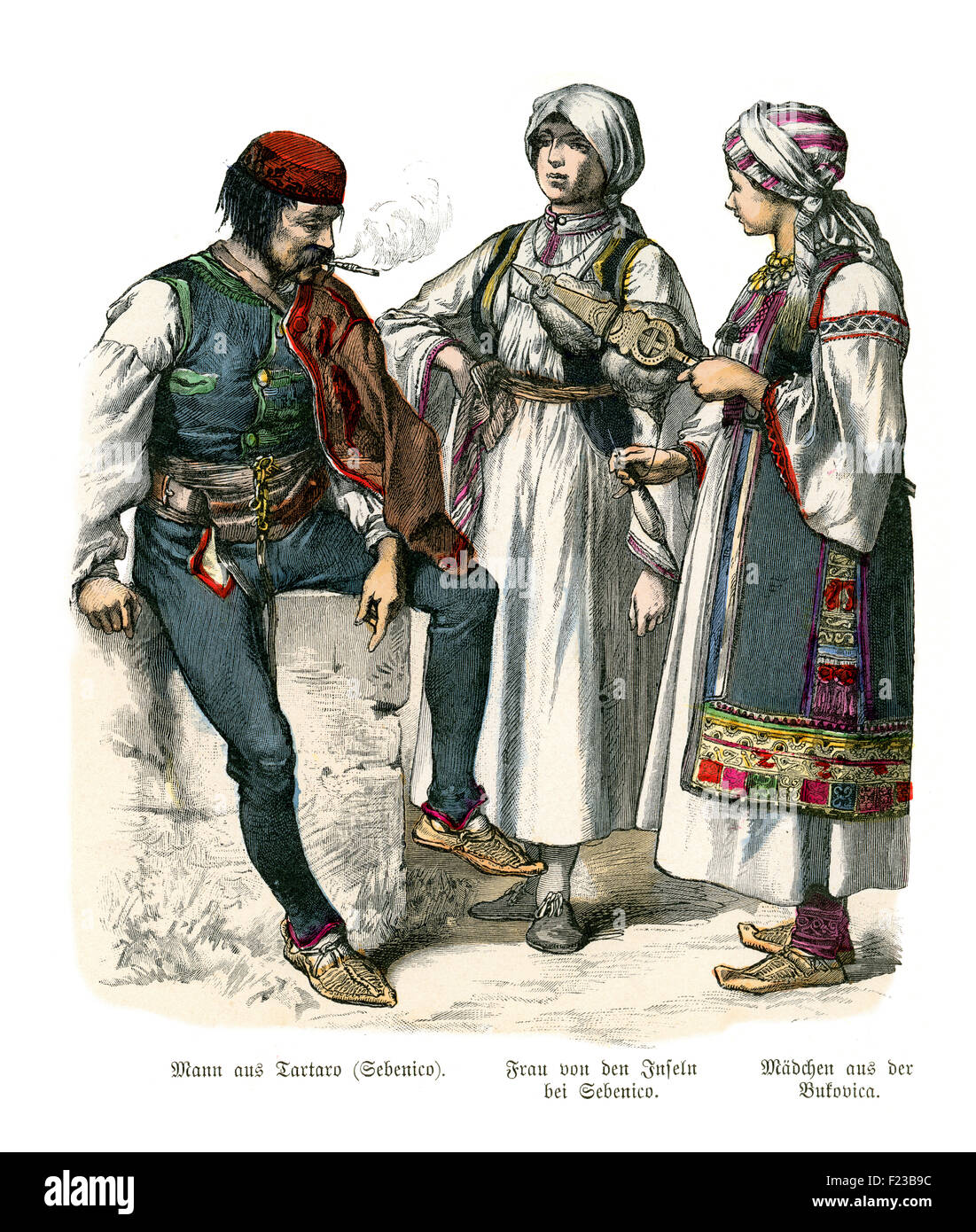 Costumes de la dalmatie 19e siècle, l'homme des femmes, versant du Tartaro de l'isle près de Sebenica, filles de la Bukovica Banque D'Images