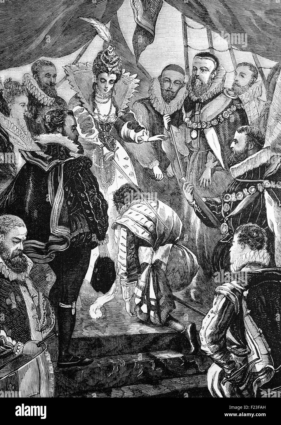 Sir Francis Drake était un capitaine anglais, corsaire, navigator, la bave), homme politique et en second de la flotte anglaise contre l'Armada espagnole en 1588. Il a également achevé la première circumnavigation du monde quelques mois plus tôt et a été fait chevalier par la Reine Elizabeth à bord de son navire, le Golden Hind à Deptford en 1581. Banque D'Images