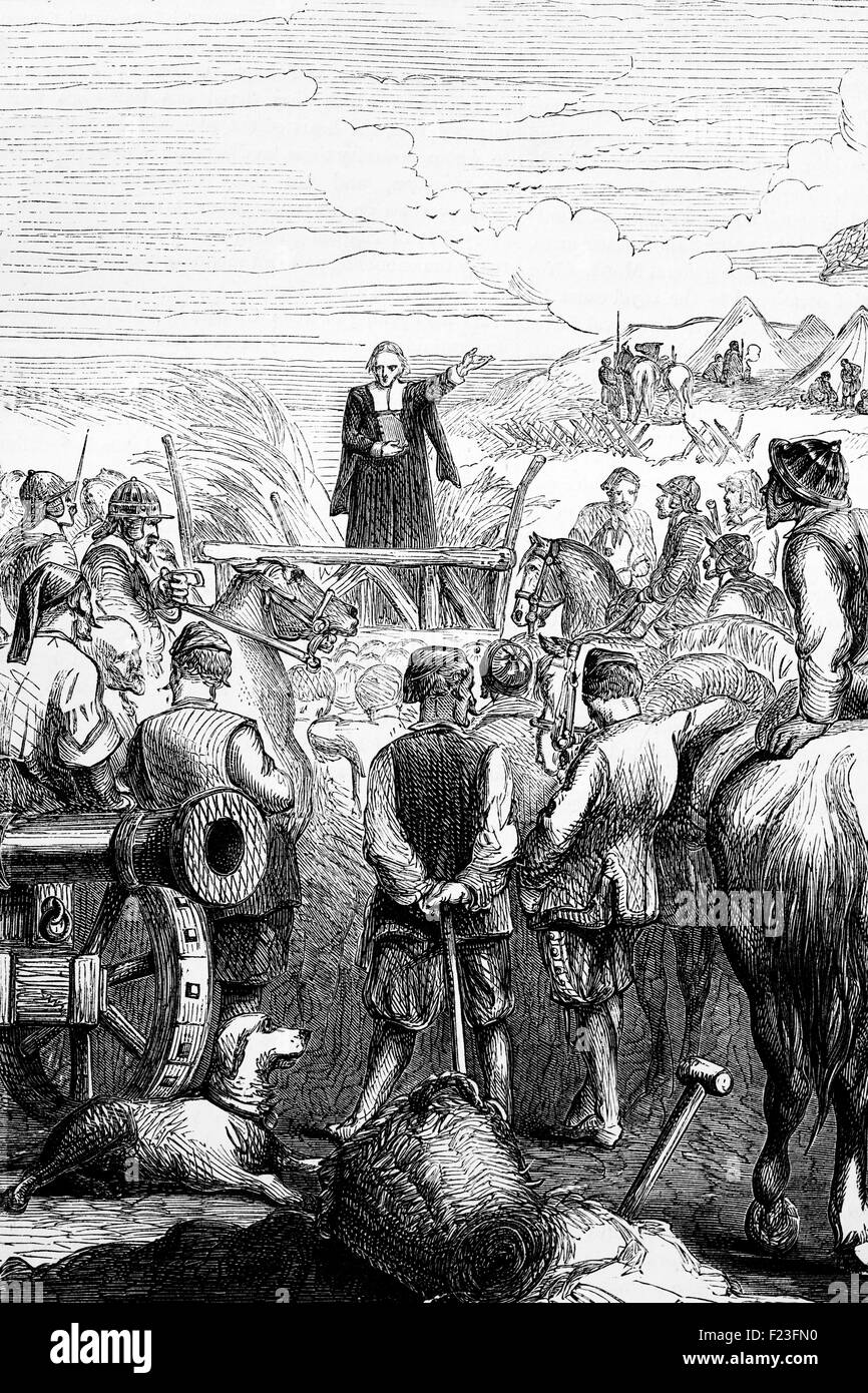 Service protestant à un camp puritains pendant la Guerre Civile Anglaise, 1643. Banque D'Images