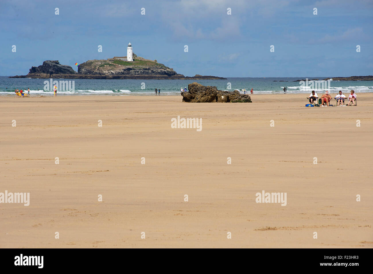 Gwithian Godrevy lighthouse, beach, Cornwall, England, UK. Summertime Banque D'Images