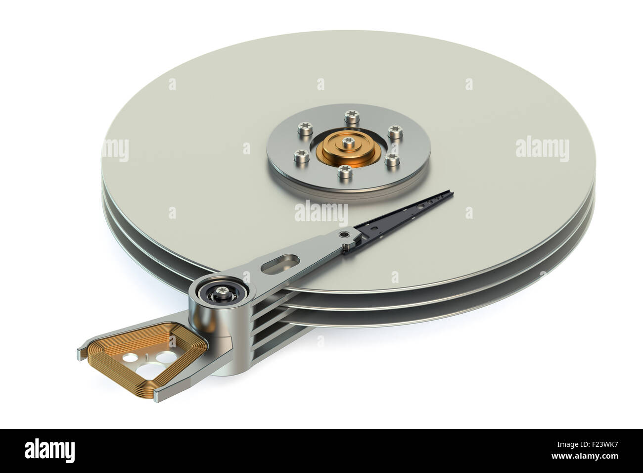Unité de disque dur (HDD) vue à l'intérieur isolé sur fond blanc Banque D'Images