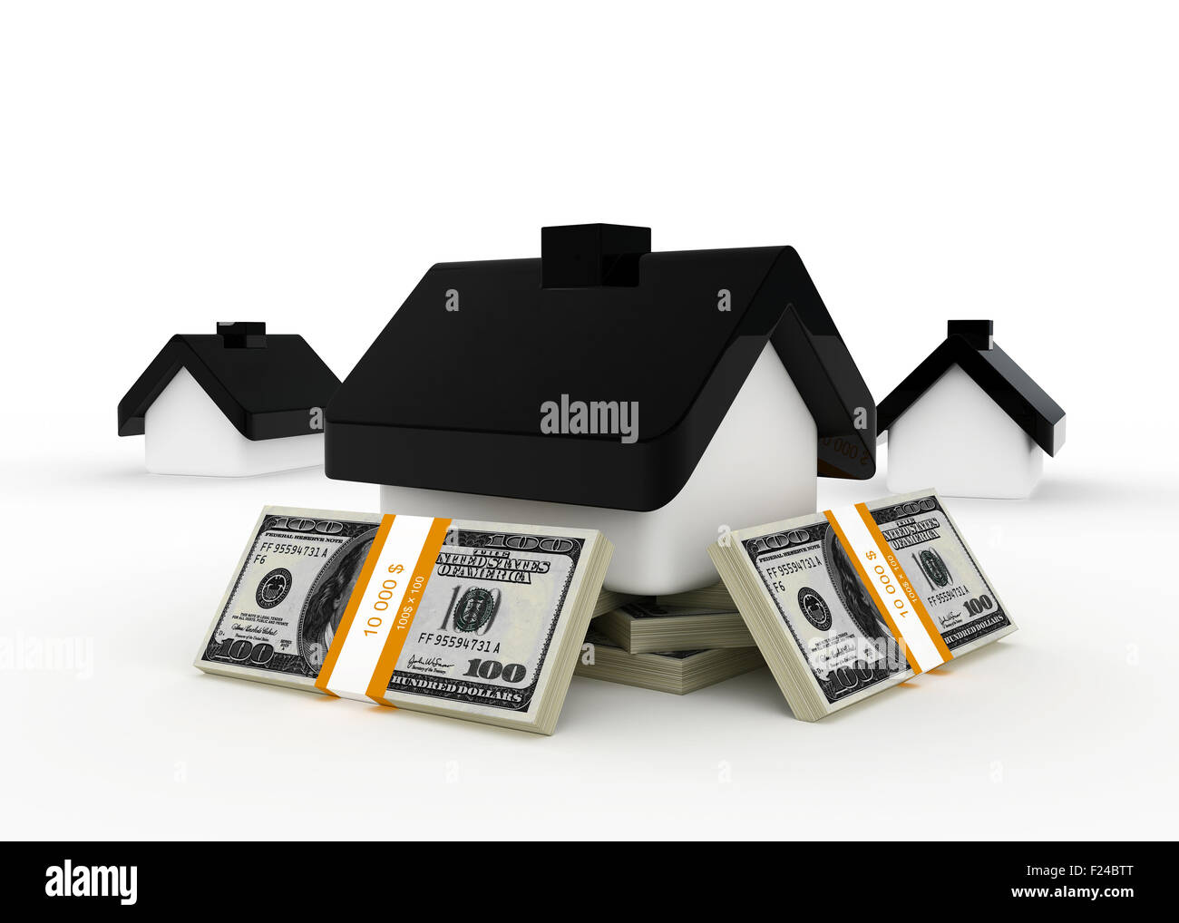 Petite maison avec un toit noir se dresse sur les billets de dollar Banque D'Images