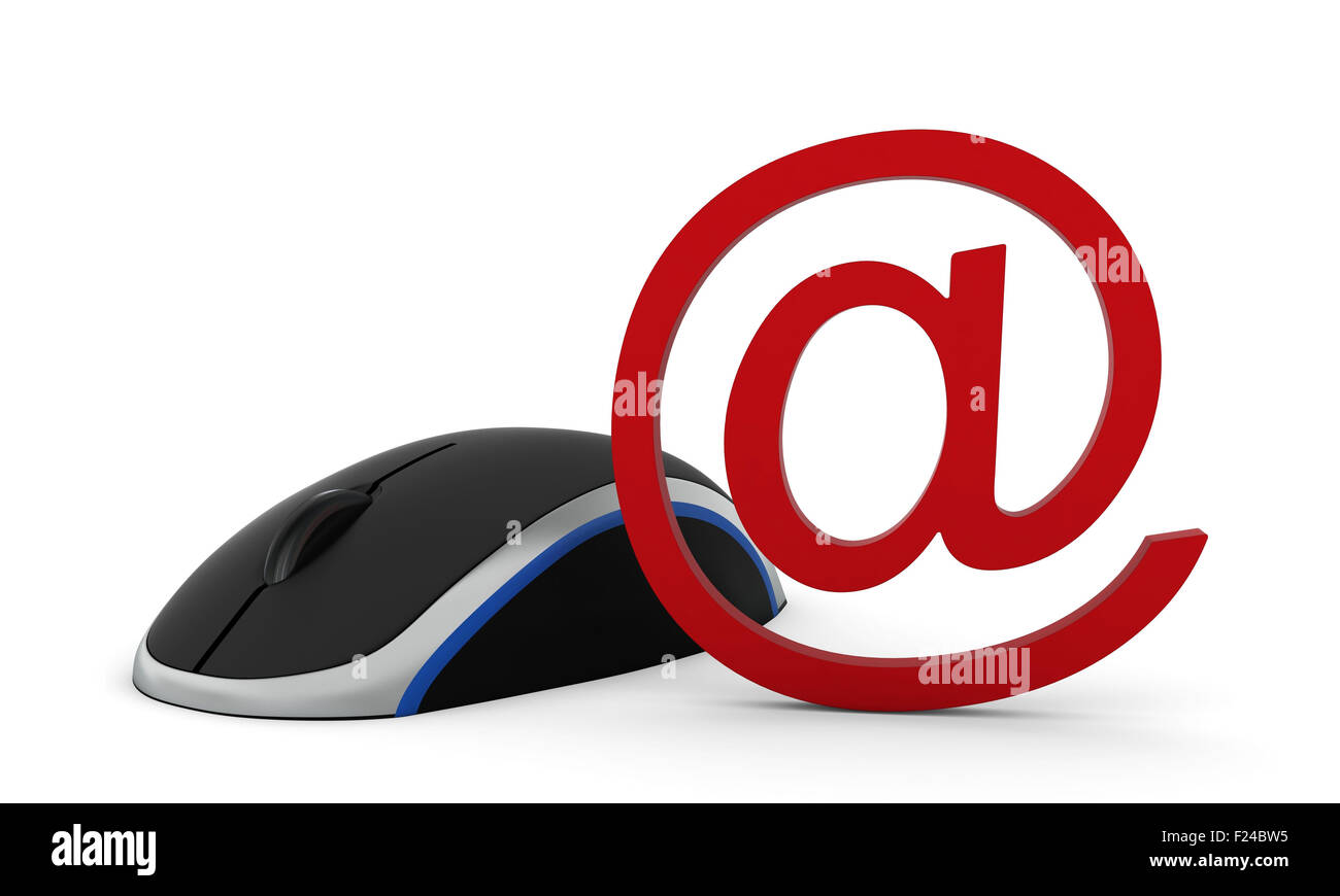 E-mail rouge symbole et souris d'ordinateur sur un fond blanc Banque D'Images