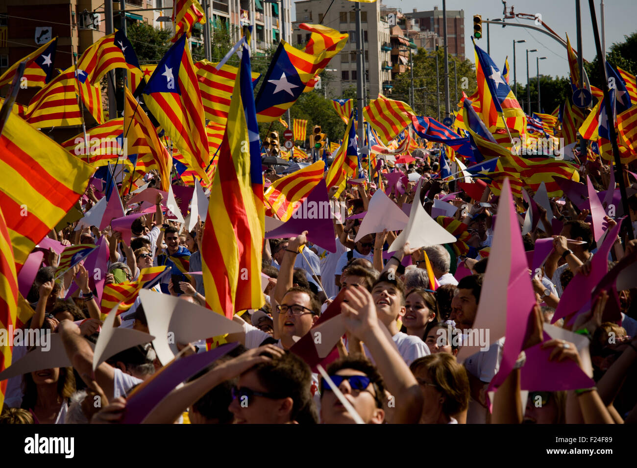 Barcelone, Catalogne, Espagne. Sep 11, 2015. Des milliers de personnes agitant ''Esteladas'' (drapeau indépendantiste catalan) dans La Meridiana Avenue de Barcelone au cours d'une manifestation de masse appelant à l'indépendance de la Catalogne le 11 septembre, 2015. Journée nationale de la Catalogne (La Diada) 2015 marque le début de la campagne pour les élections régionales catalanes prévue pour le 27 septembre. Les derniers sondages donnent une majorité absolue à l'indépendance des parties. © Jordi Boixareu/ZUMA/Alamy Fil Live News Banque D'Images