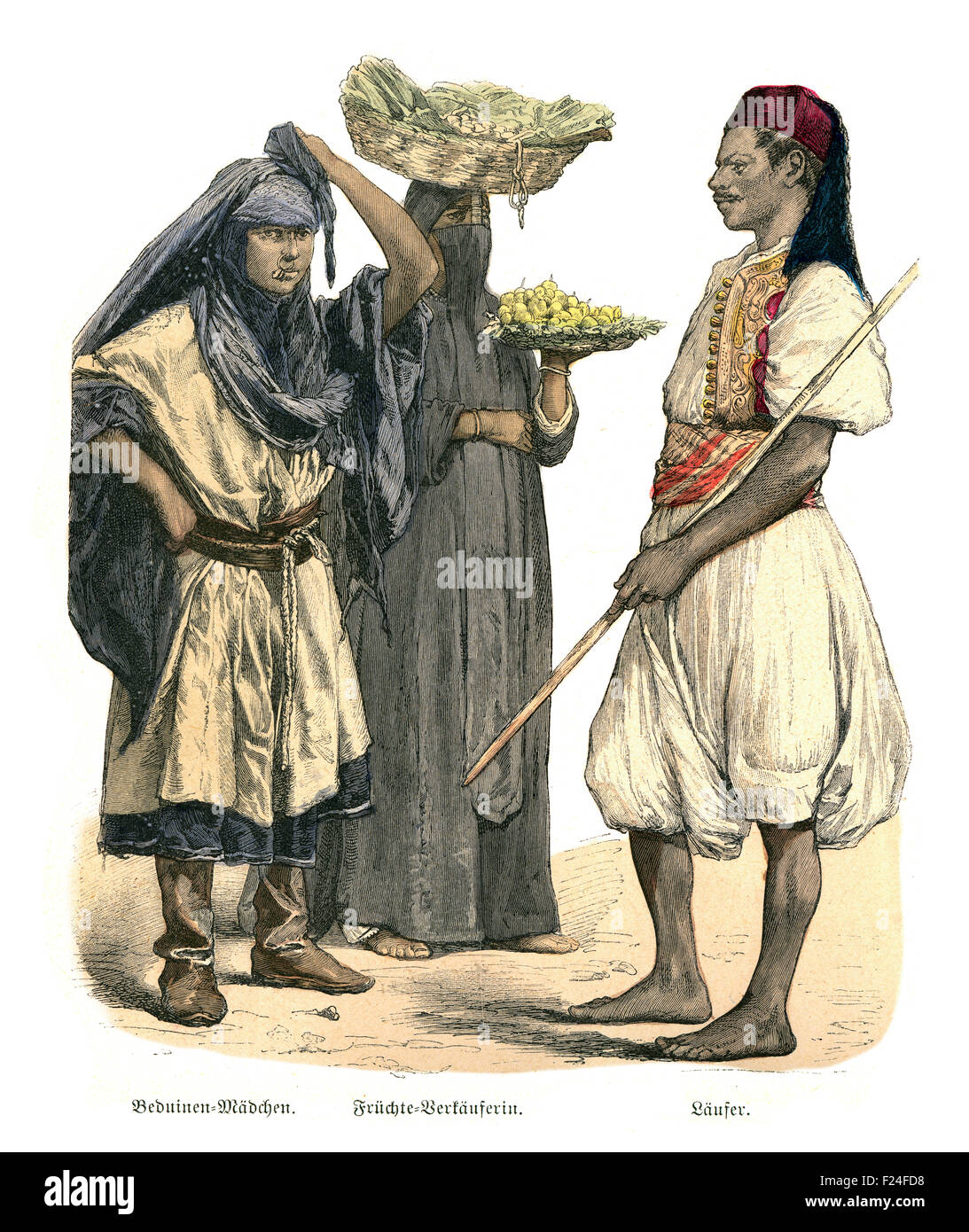 Costumes d'époque de l'Égypte du xixe siècle, fille de Bédouins, vendeur de fruits, Messanger Banque D'Images