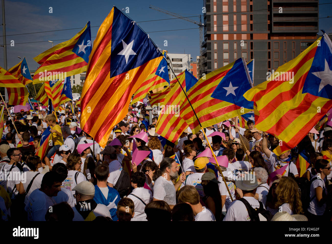 Barcelone, Catalogne, Espagne. Sep 11, 2015. Les gens forme ''Esteladas'' (drapeau indépendantiste catalan) dans La Meridiana Avenue de Barcelone au cours d'une manifestation de masse appelant à l'indépendance de la Catalogne le 11 septembre, 2015. Journée nationale de la Catalogne (La Diada) 2015 marque le début de la campagne pour les élections régionales catalanes prévue pour le 27 septembre. Les derniers sondages donnent une majorité absolue à l'indépendance des parties. © Jordi Boixareu/ZUMA/Alamy Fil Live News Banque D'Images