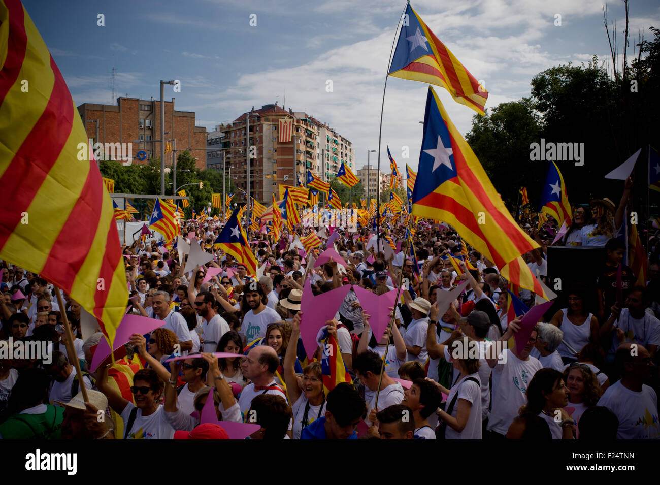 Des milliers de personnes agitant 'Esteladas' (drapeau indépendantiste catalan) dans La Meridiana Avenue de Barcelone. Banque D'Images
