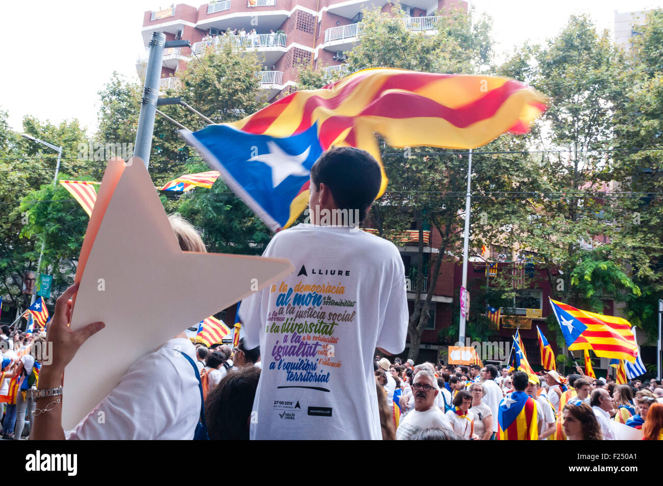 , Barcelone Catalogne, Espagne . Sep 11, 2015. Via de la République Catalane Lliure , indépendance mobilisation organisée par l'Assemblée nationale catalane j'Òmnium Cultural Journée nationale de la Catalogne . La démonstration de l'indépendance a convoqué des centaines de milliers de personnes à Barcelone Avenida Meridiana Credit : Cisco Pelay / Alamy Live News Banque D'Images