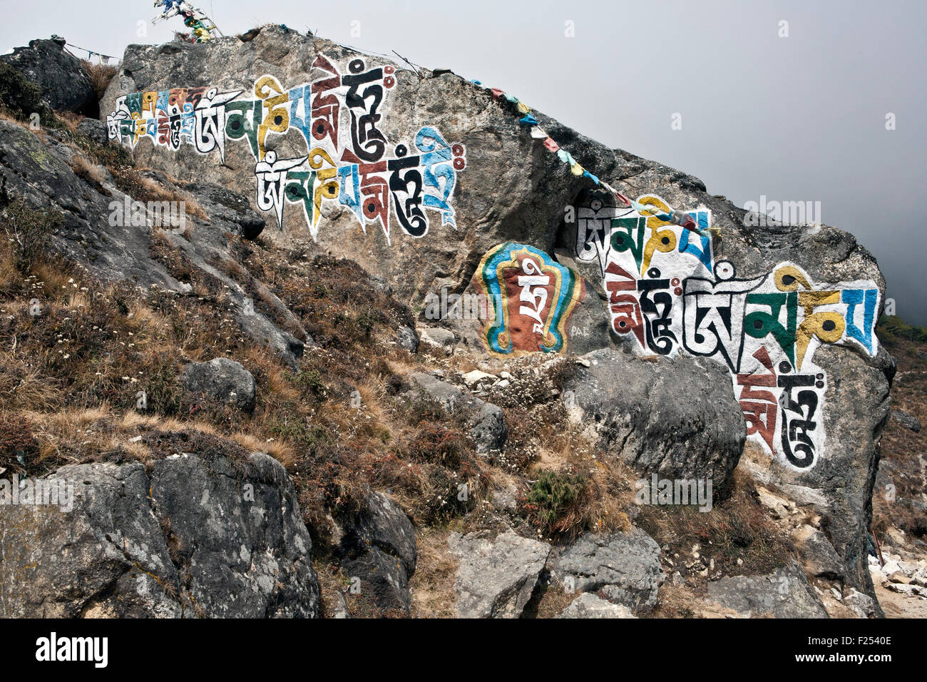 Les mantras bouddhistes et écrits sacrés sur pierres environs Namche Bazar village de Solokhumbu Népal Banque D'Images