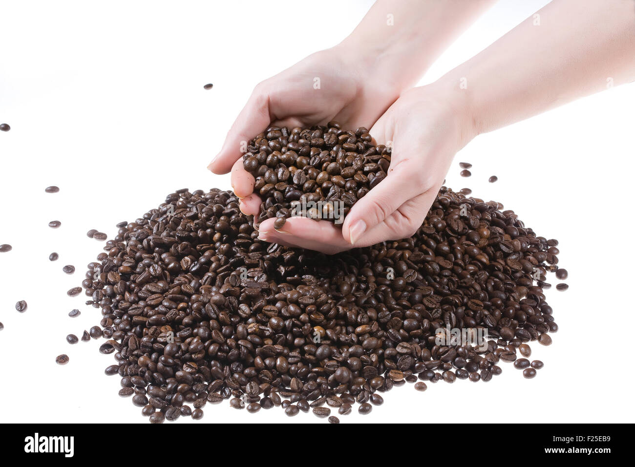 Partie du corps femme main bean café boissons produits alimentaires isolés liquide Banque D'Images