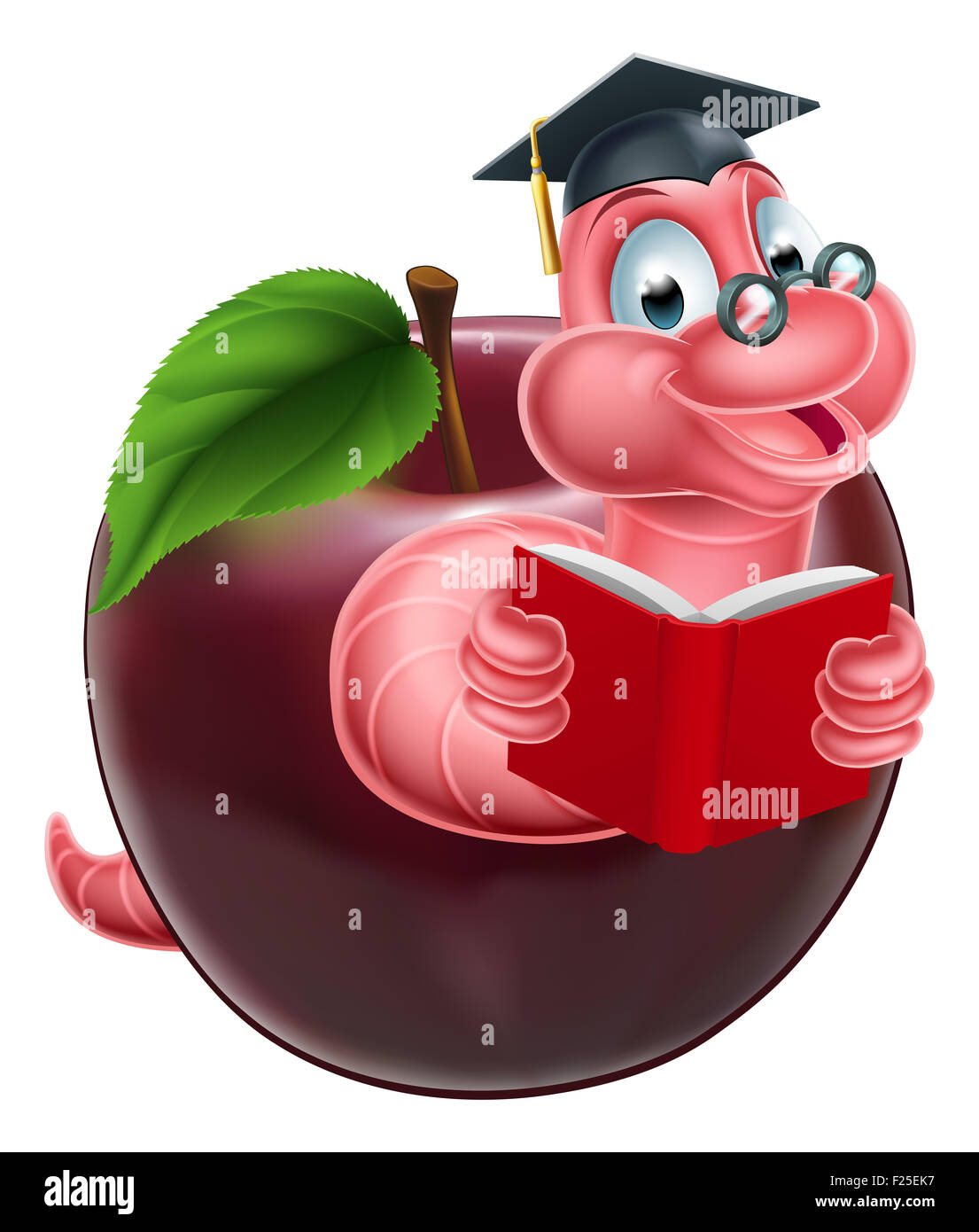 Caricature de bookworm caterpillar caterpillar ver ou lire un livre et affirmation d'une pomme et porter des lunettes et le mortier board Banque D'Images