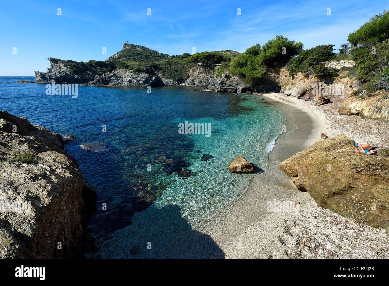 La France, Var, ile des Embiez, plage Coucoussa Banque D'Images