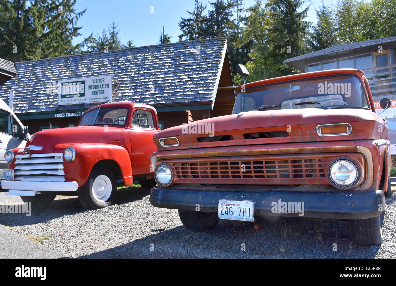 Fourches, USA. 10 Sep, 2015. Deux camionnettes, camions similaires conduit par le personnage principal de Bella dans la 'Twilight' série de film, sont exposées dans des fourchettes, USA, 10 septembre 2015. Il y a 10 ans, la ville de Forks dans l'État de Washington a connu la gloire dans le monde après la sortie de la série Twilight livres et film. Photo : Chris Melzer/dpa/Alamy Live News Banque D'Images