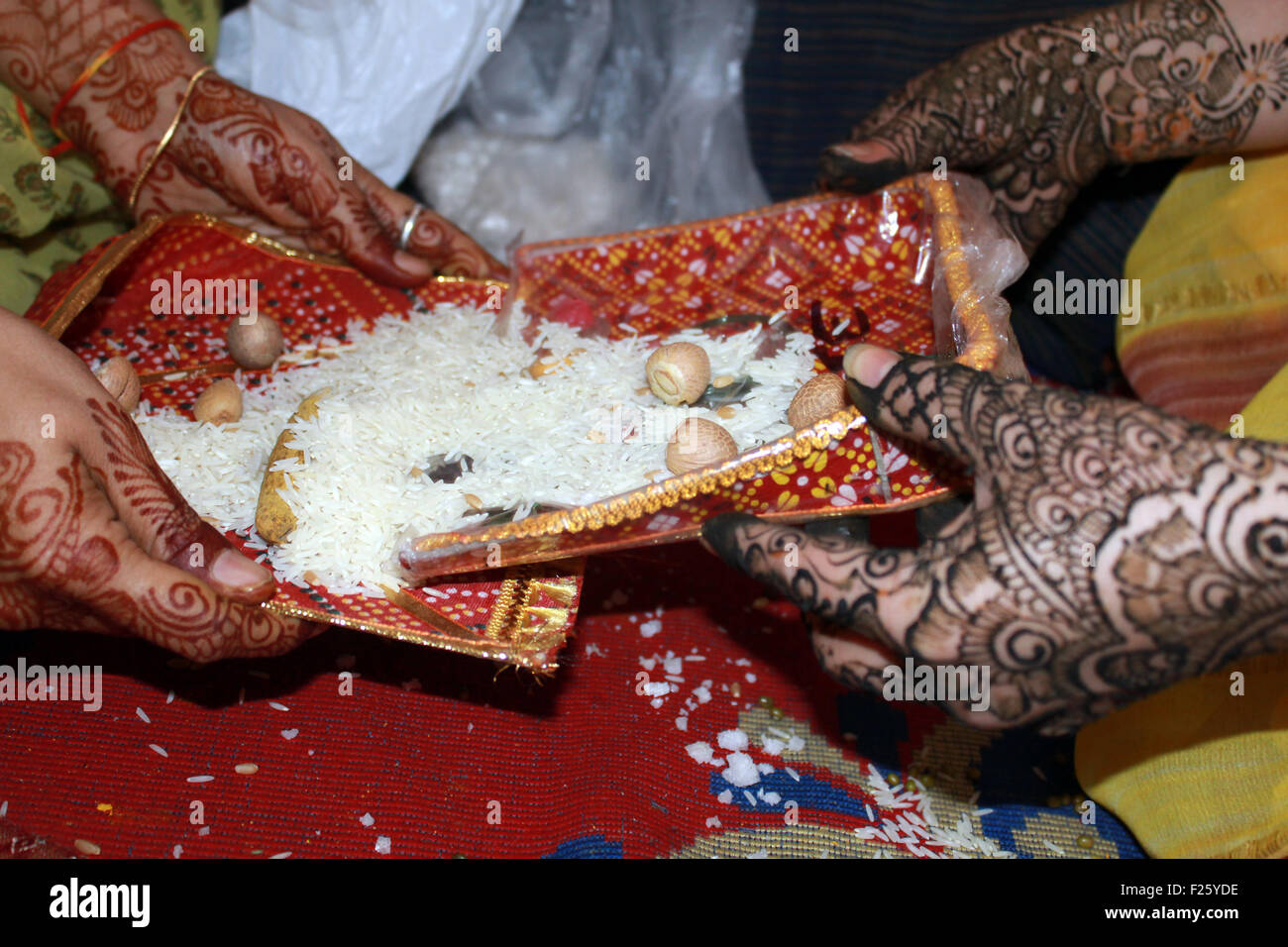 Mehendi mains décorées de deux dames au cours d'un rituel traditionnel effectué dans un mariage Jain Banque D'Images