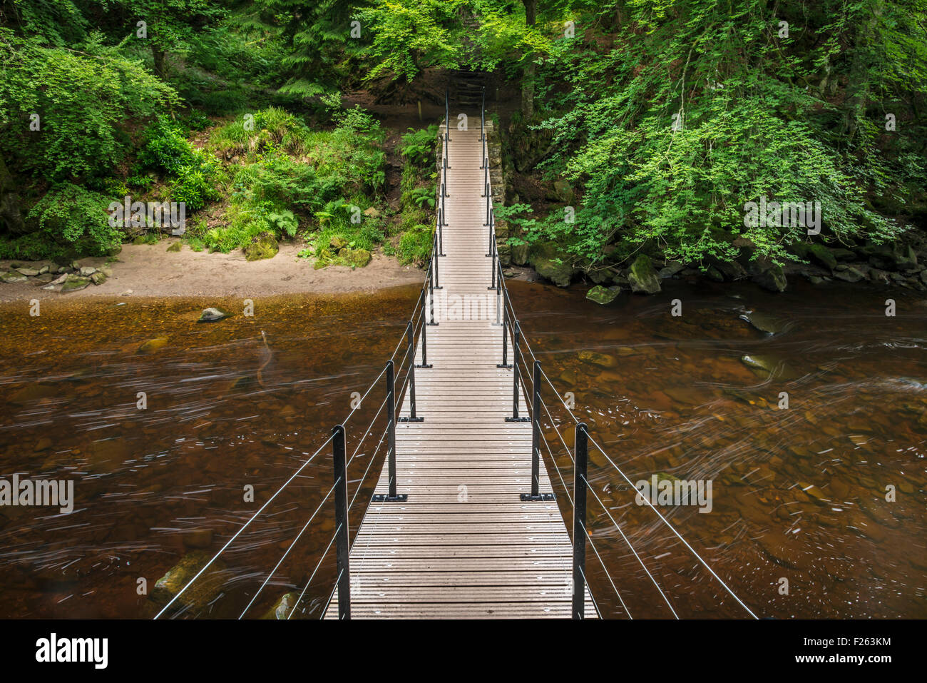 Pont suspendu au-dessus de la rivière à Allen Allen Banques, Northumberland, England Banque D'Images