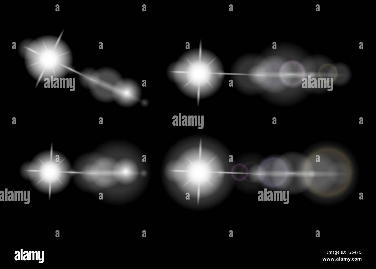Jeu de reflets de l'objectif, des étoiles, des éléments lumineux, isolé sur fond noir, Banque D'Images