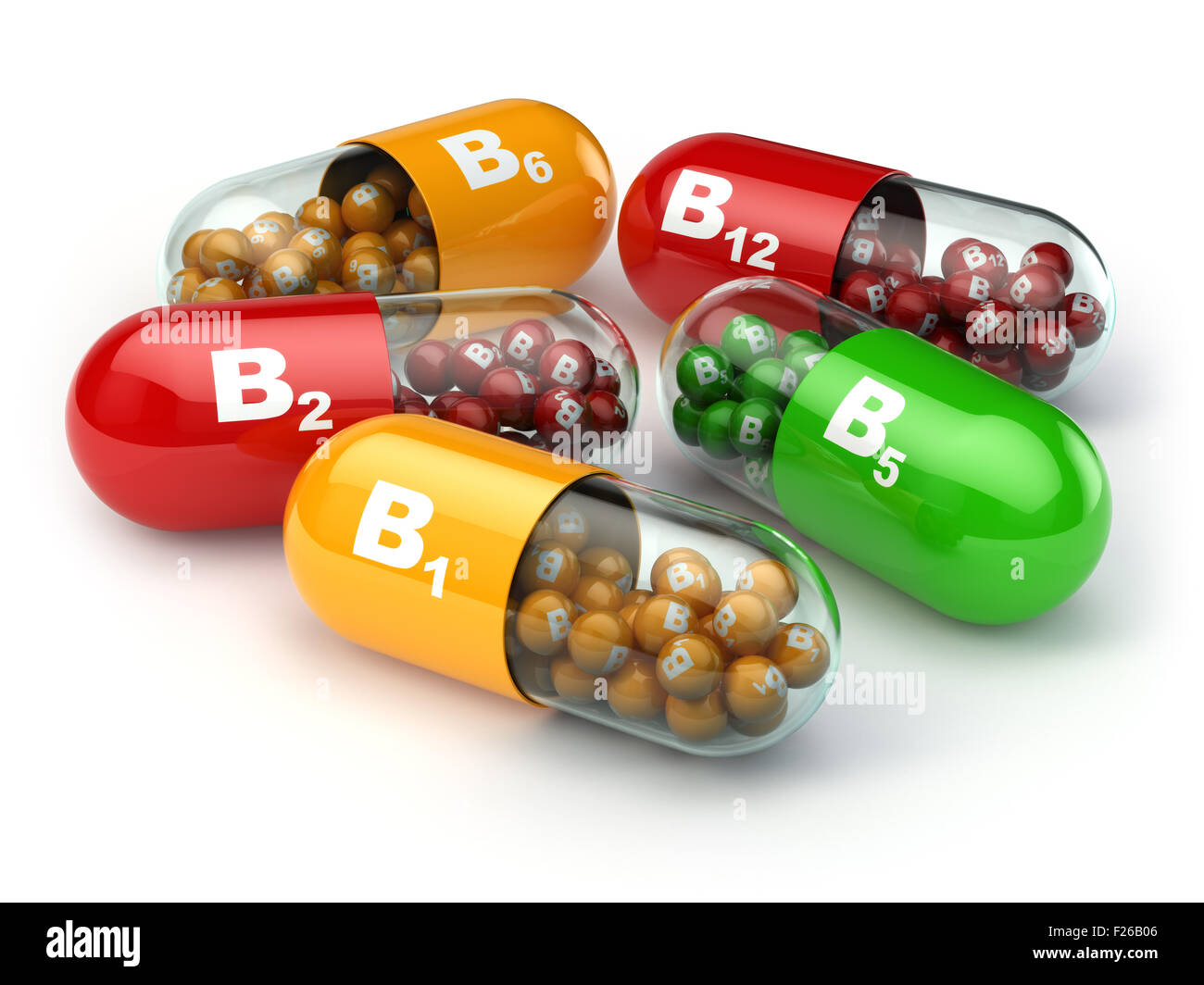 Capsules de Vitamine B. B1 B2 B6 B12 blanc sur fond isolé. 3d Banque D'Images