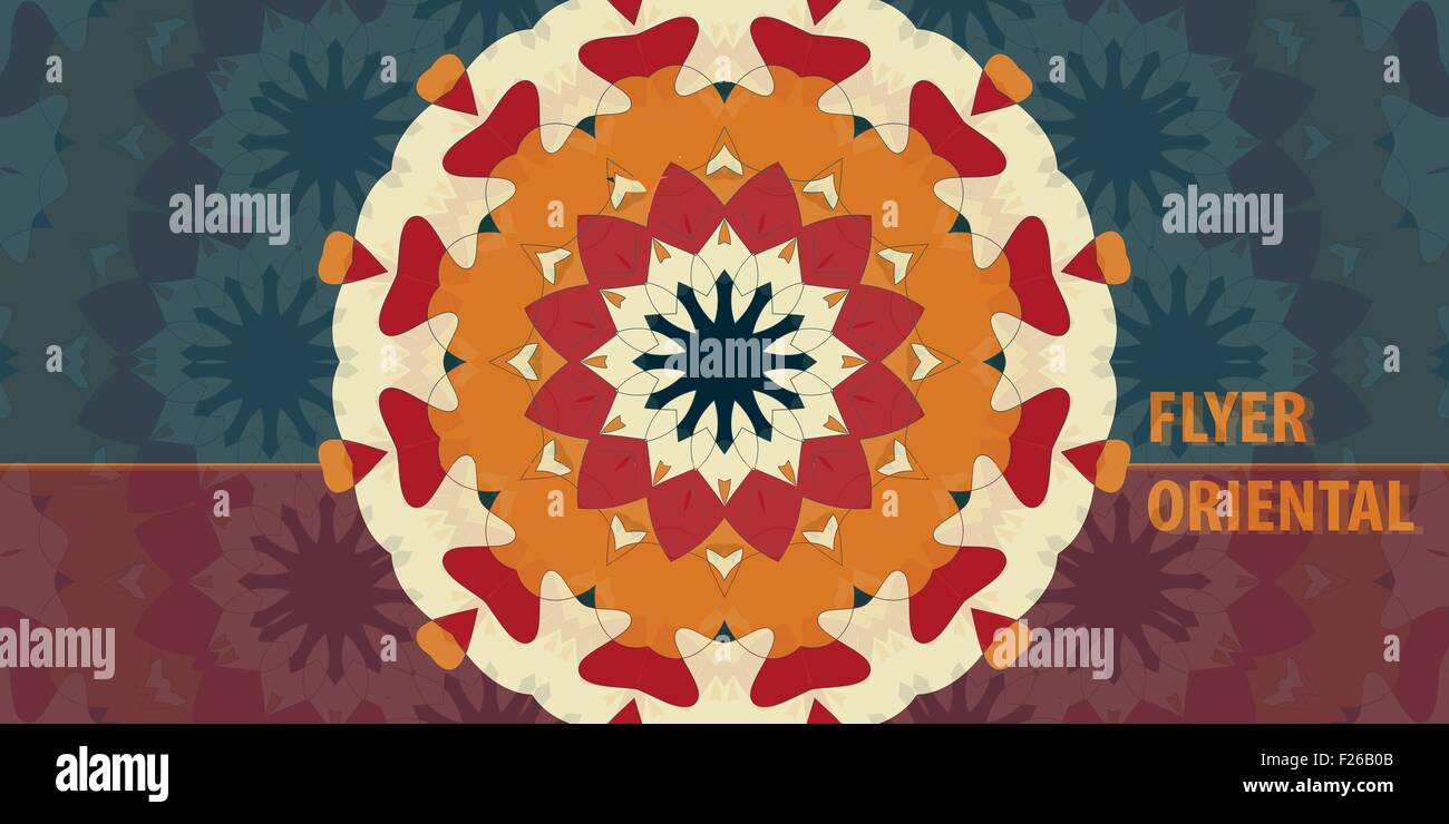 Impression Orange Flayer template design. Retro Abstract Background Mandala ornés de carte de vœux, brochure, carte ou Invitation à la charia islamique, Arabe, Indienne, ottomane, motifs asiatiques. Flyer conception de l'oeuvre Illustration de Vecteur