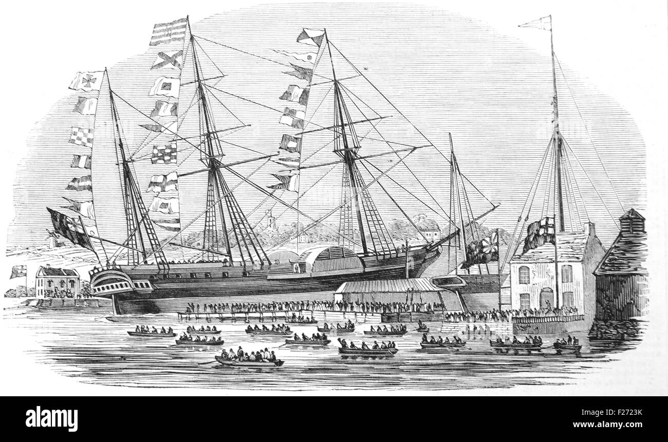Lancement de la Braganza P&O à aubes à Cowes (île de Wight) 1844. Illustration noir et blanc ; Banque D'Images