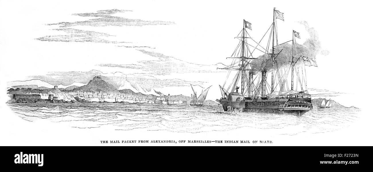 Le paquet de courrier d'Alexandrie au large de Marseille. Illustrated London News Juillet 1844 ; noir et blanc Illustration ; Banque D'Images