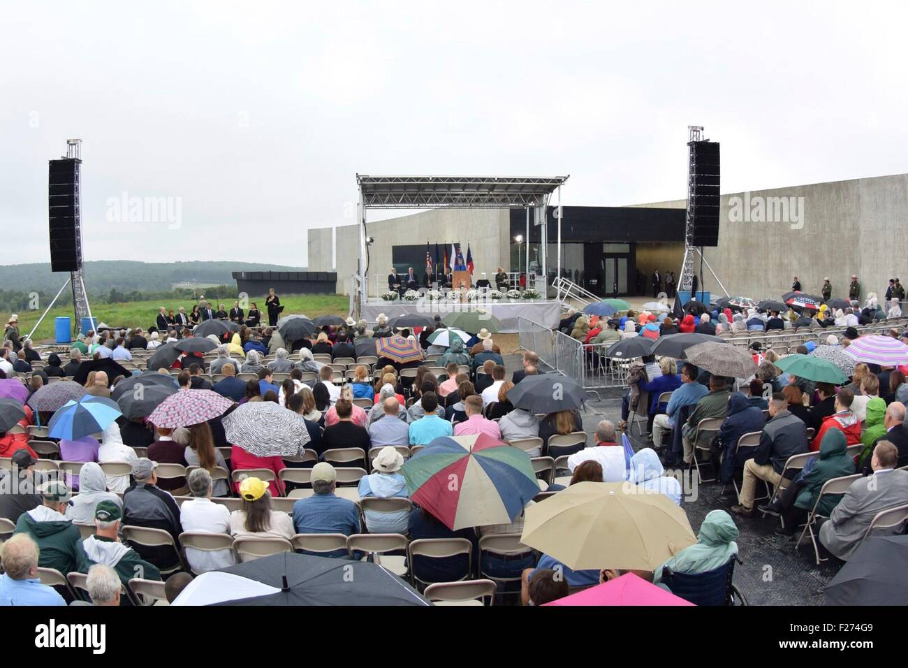 Inauguration du Mémorial National de Vol 93 pour commémorer les 40 passagers et l'équipage du vol 93 qui ont arrêté les terroristes pour attaquer la capitale américaine au 14e anniversaire des attaques du 11 septembre contre les États-Unis le 11 septembre 2015 à Shanksville, en Pennsylvanie. Banque D'Images