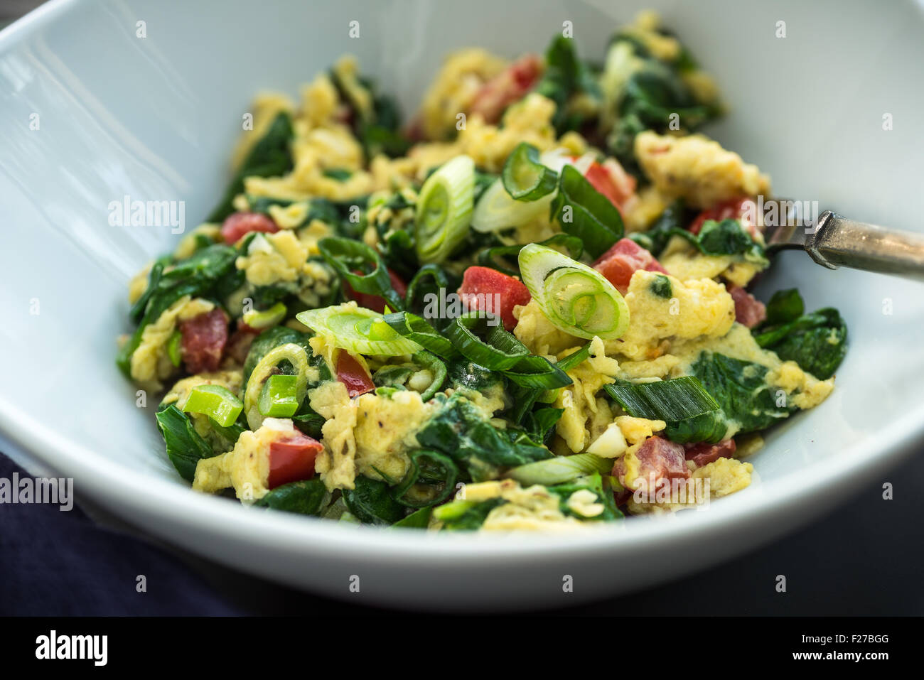 Chargé d'œufs brouillés avec les légumes et les oignons verts Banque D'Images