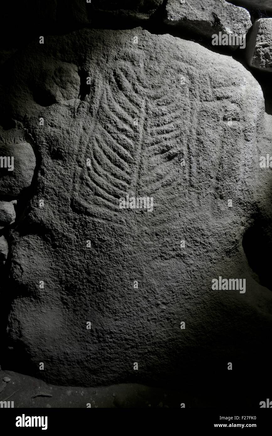 Les pierres plates néolithique préhistorique passage tombe. Arzon, Bretagne, France. L'un des passage de pierres sculptées. Banque D'Images