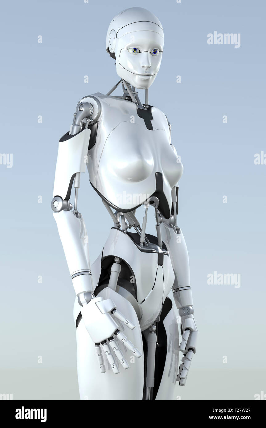 Robot humanoïde femelle. Regardant vers le bas à droite. Banque D'Images