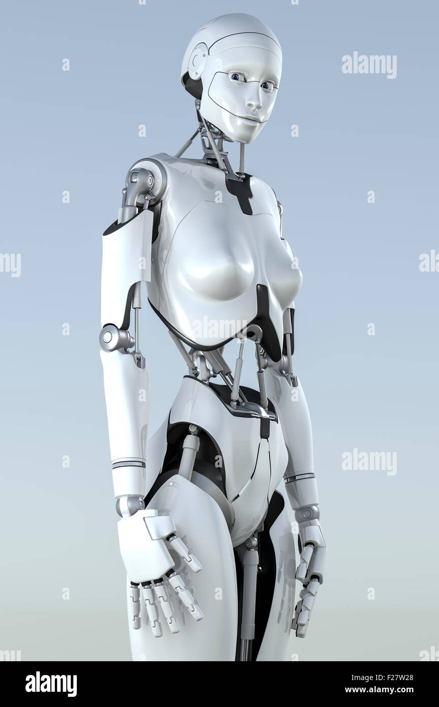 Robot humanoïde femelle. À la caméra dans un mauvais oeil. Banque D'Images