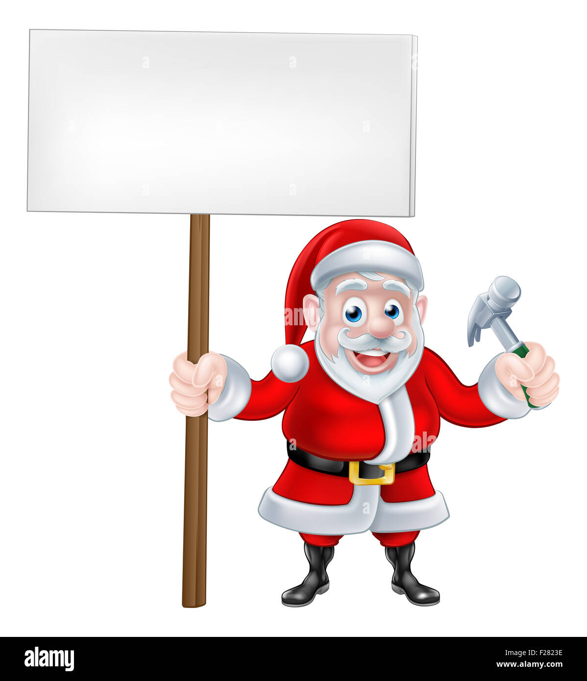 Cartoon Santa Claus holding d'un marteau et d'un panneau banner Banque D'Images