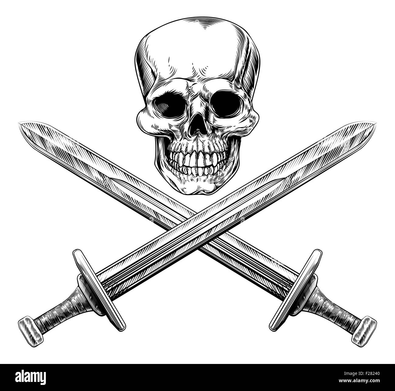 Un crâne humain et des épées croisées style pirate signe dans un style vintage sur bois Banque D'Images