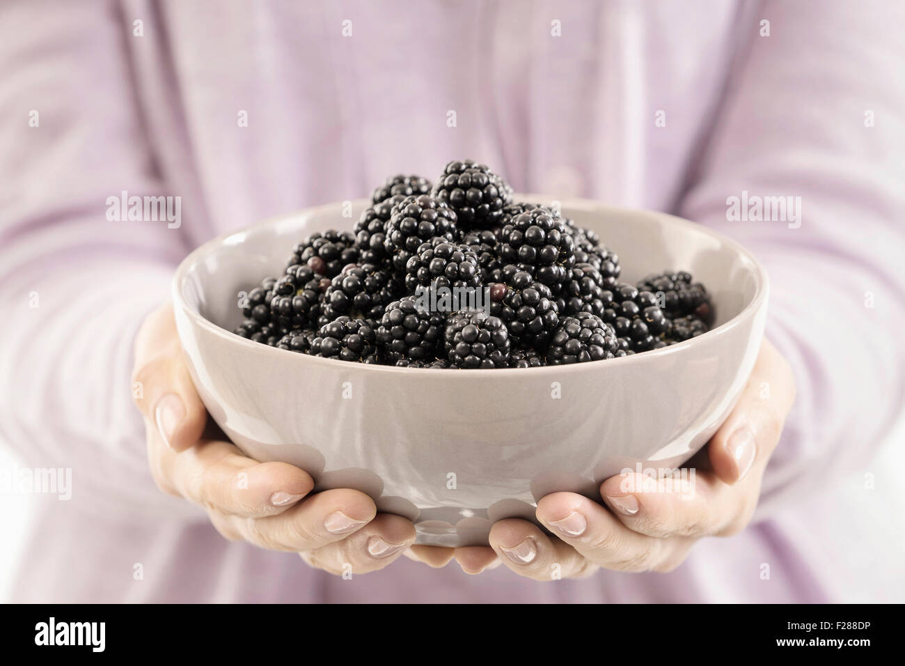 Mid section view of woman holding a Bowl of blackberry, Bavière, Allemagne Banque D'Images