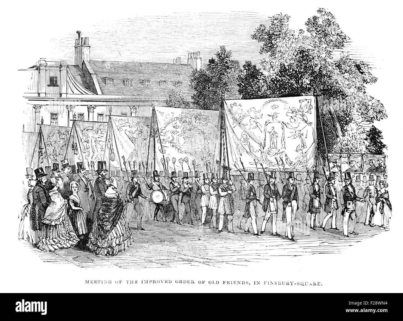 Réunion de l'amélioration de l'ordre de vieux amis à Finsbury Square, l'Illustrated London News Juillet 1844 ; noir et blanc Illustration Banque D'Images