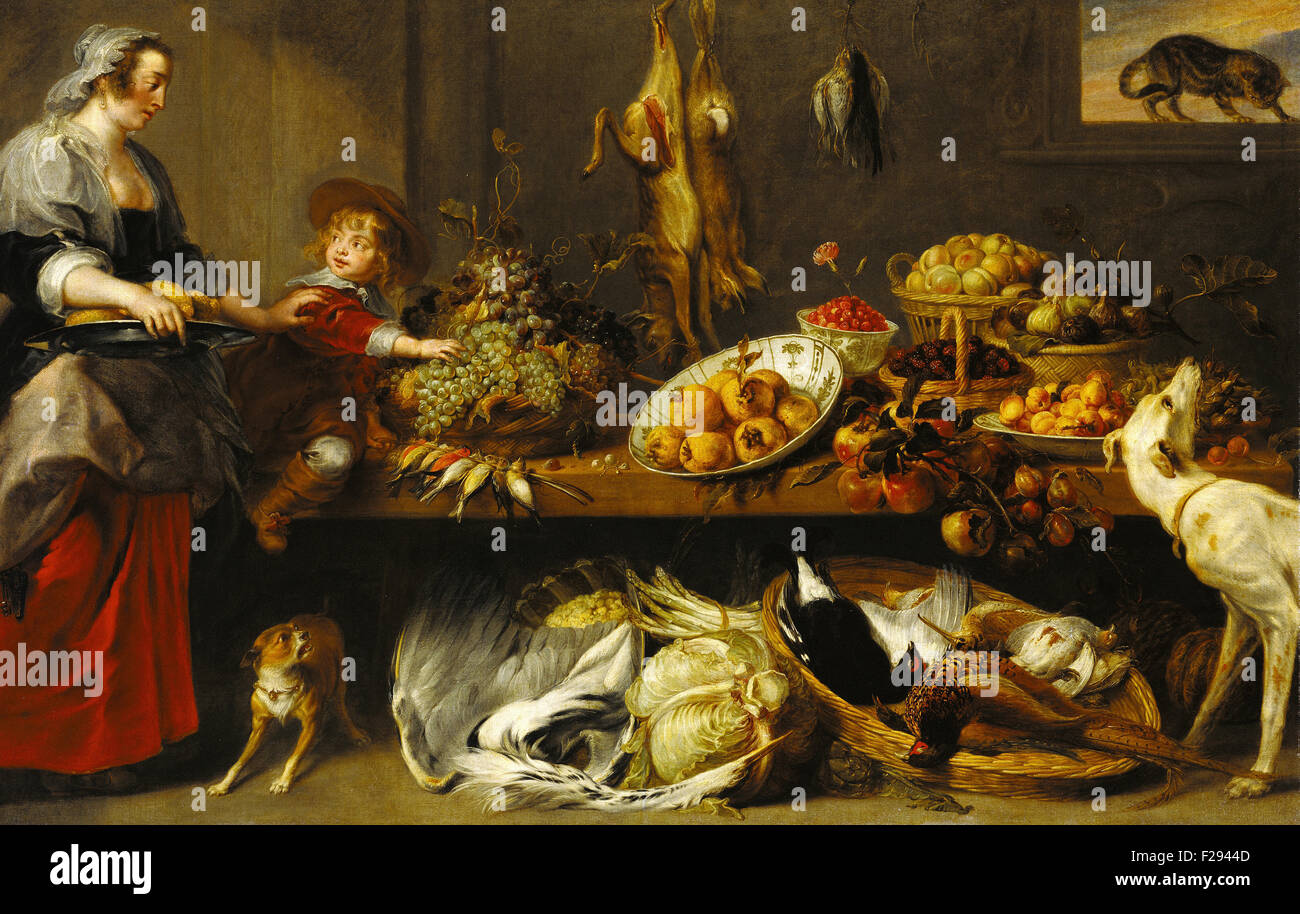 Frans Snyders ou Frans Snijders - Cuisine Nature morte avec une servante et jeune garçon Banque D'Images