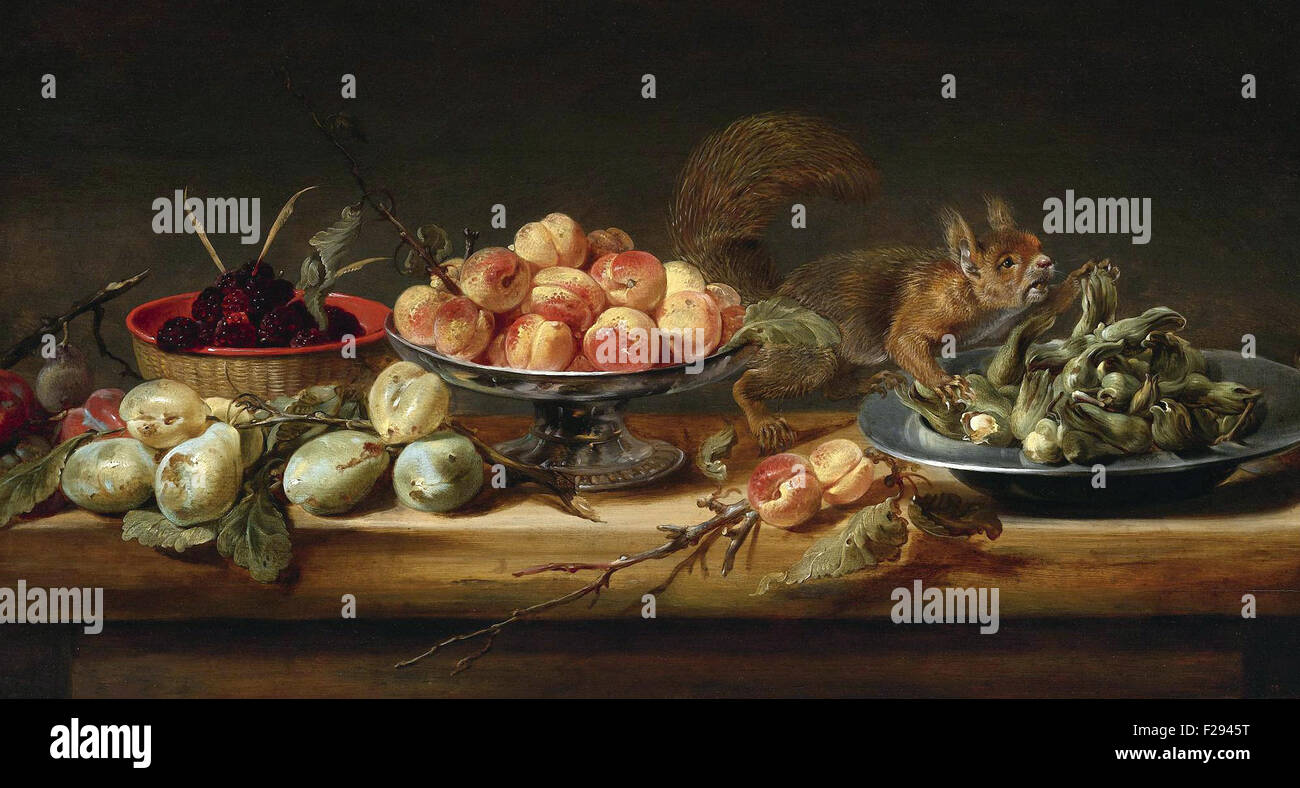 Frans Snyders ou Frans Snijders - Nature morte avec des pêches dans un tazza, de noisettes sur une plaque d'étain, de framboises dans un panier, avec des poires et un écureuil sur une table Banque D'Images