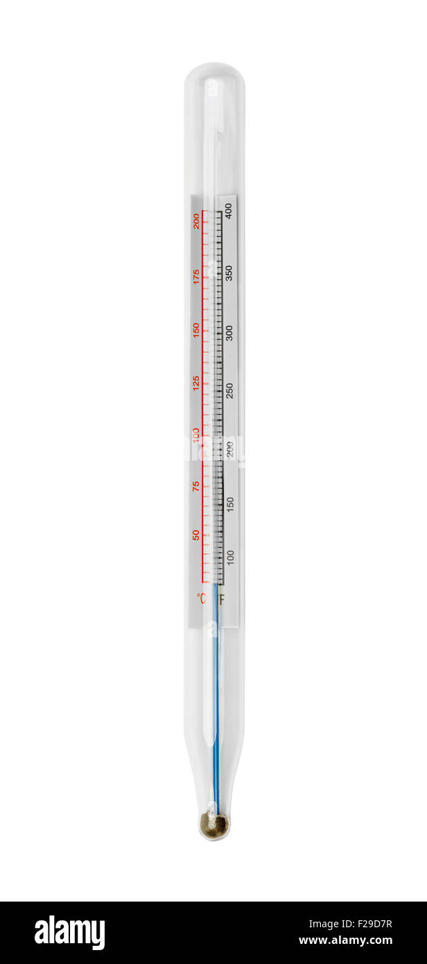 Thermomètre de verre isolé sur un fond blanc. Banque D'Images