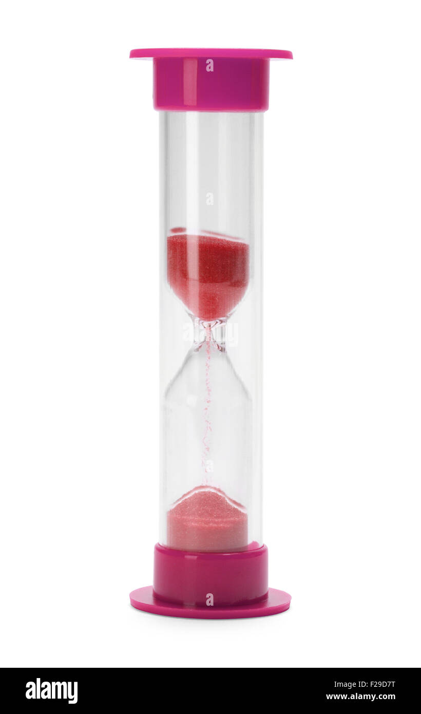 Minuteur sablier rouge isolé sur fond blanc. Banque D'Images