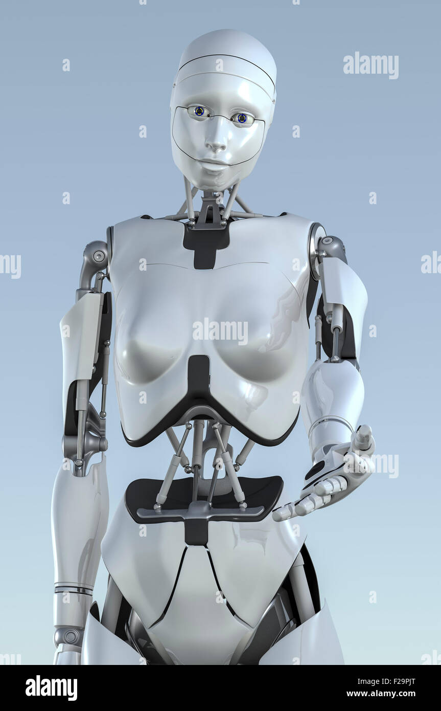 Robot humanoïde femelle. À la caméra en main gauche tendue avec dehors comme s'offrir de l'aide. Banque D'Images
