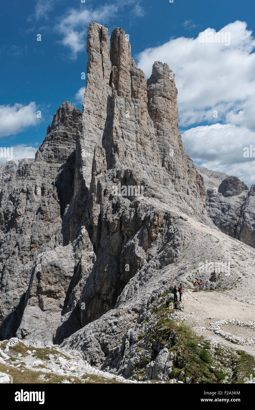 Groupe Rosengarten, rochers d'escalade Tours Strada, 2821 m, Dolomites, UNESCO World Heritage Site, Alpes, Province du Tyrol du Sud Banque D'Images