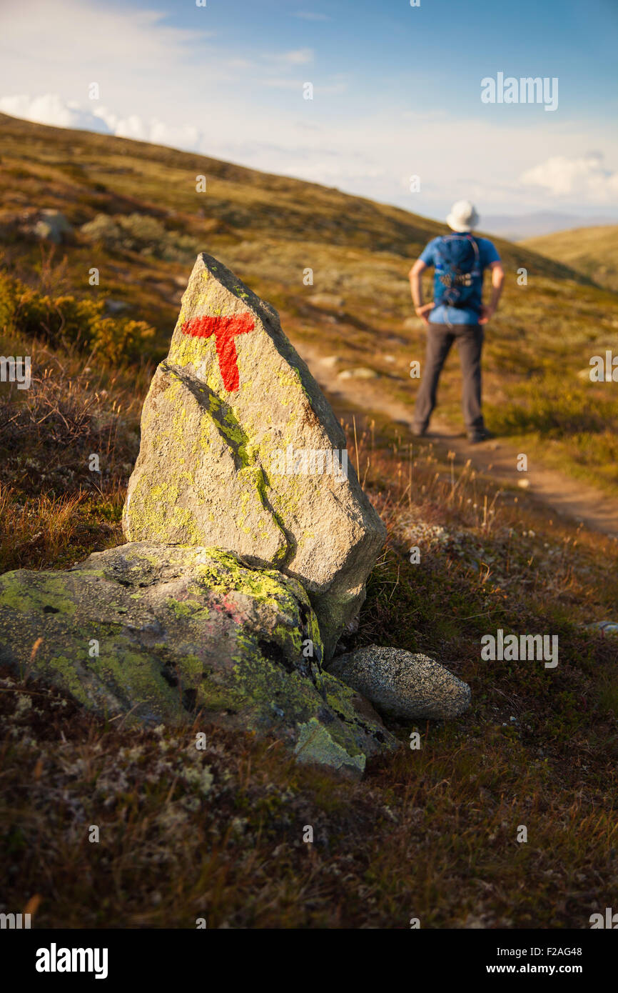 T signe sur rock et randonneur avec sac à dos voyageant dans les montagnes de Norvège Dovre Banque D'Images